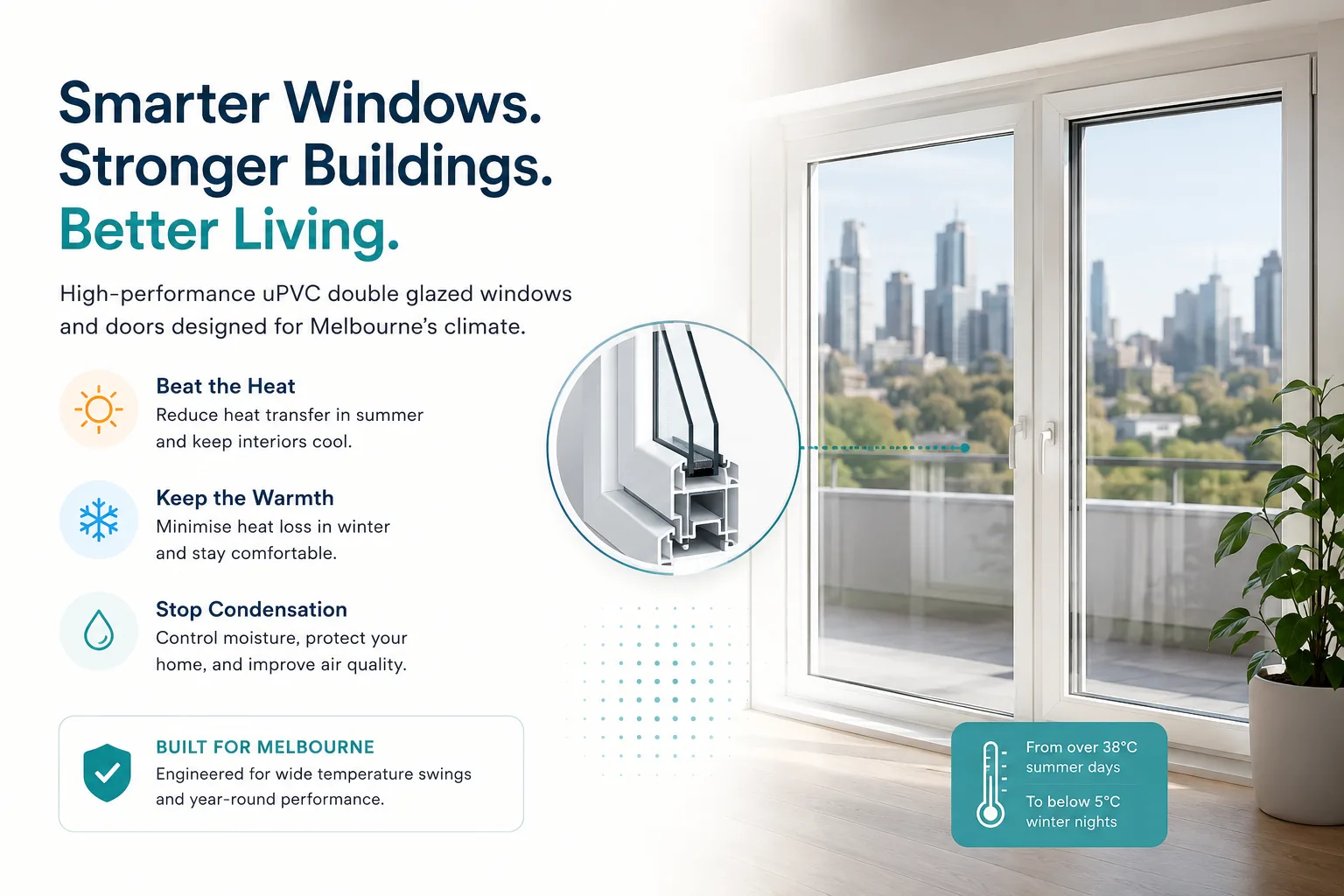 Modern uPVC double glazed sliding windows in a Melbourne apartment, designed for better insulation, reduced heat transfer, and condensation control.